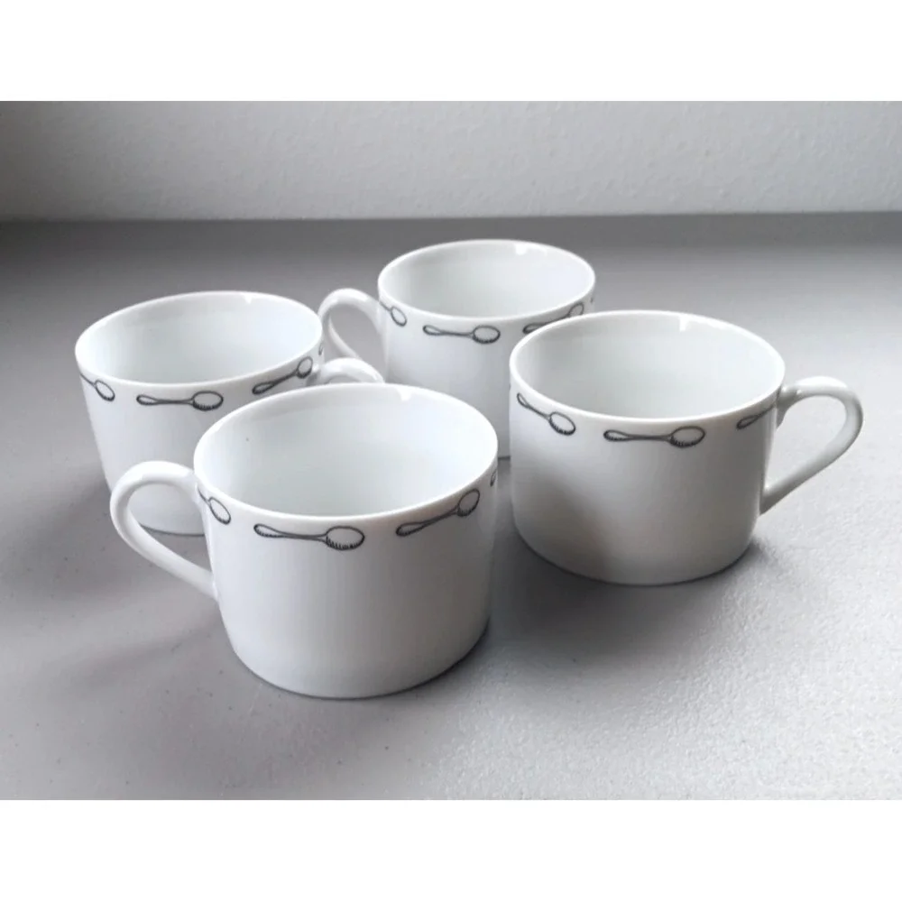 4 Pier 1 Porcelain Coffee‎ Mugs Cups 8 oz Espresso White with Spoon Circle VTG